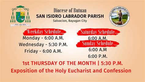 Mass Schedule of San Isidro Labrador Parish, Bayugan City.